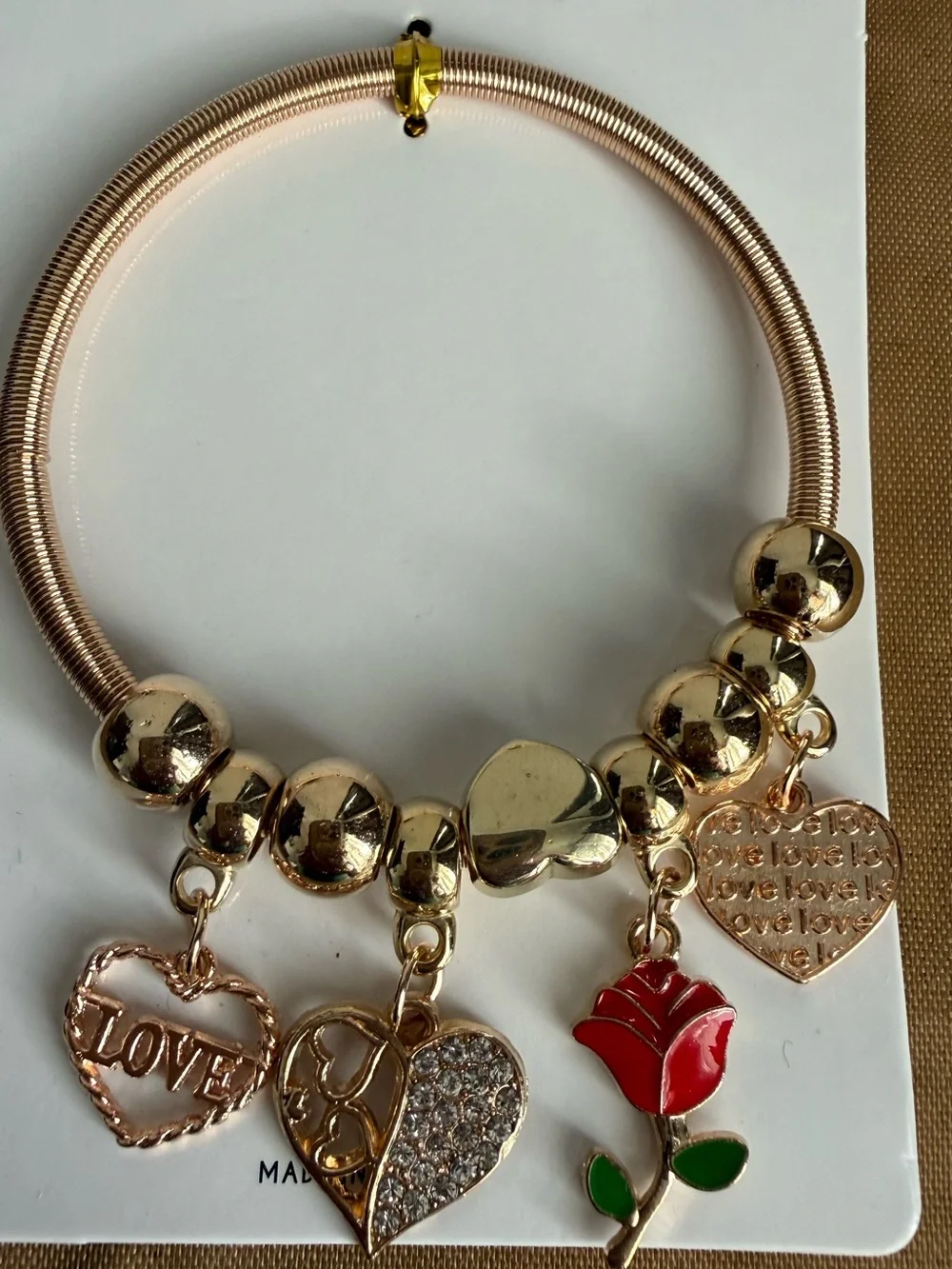 Gold-Tone Charm Bracelet with Red Rose and Heart Charms